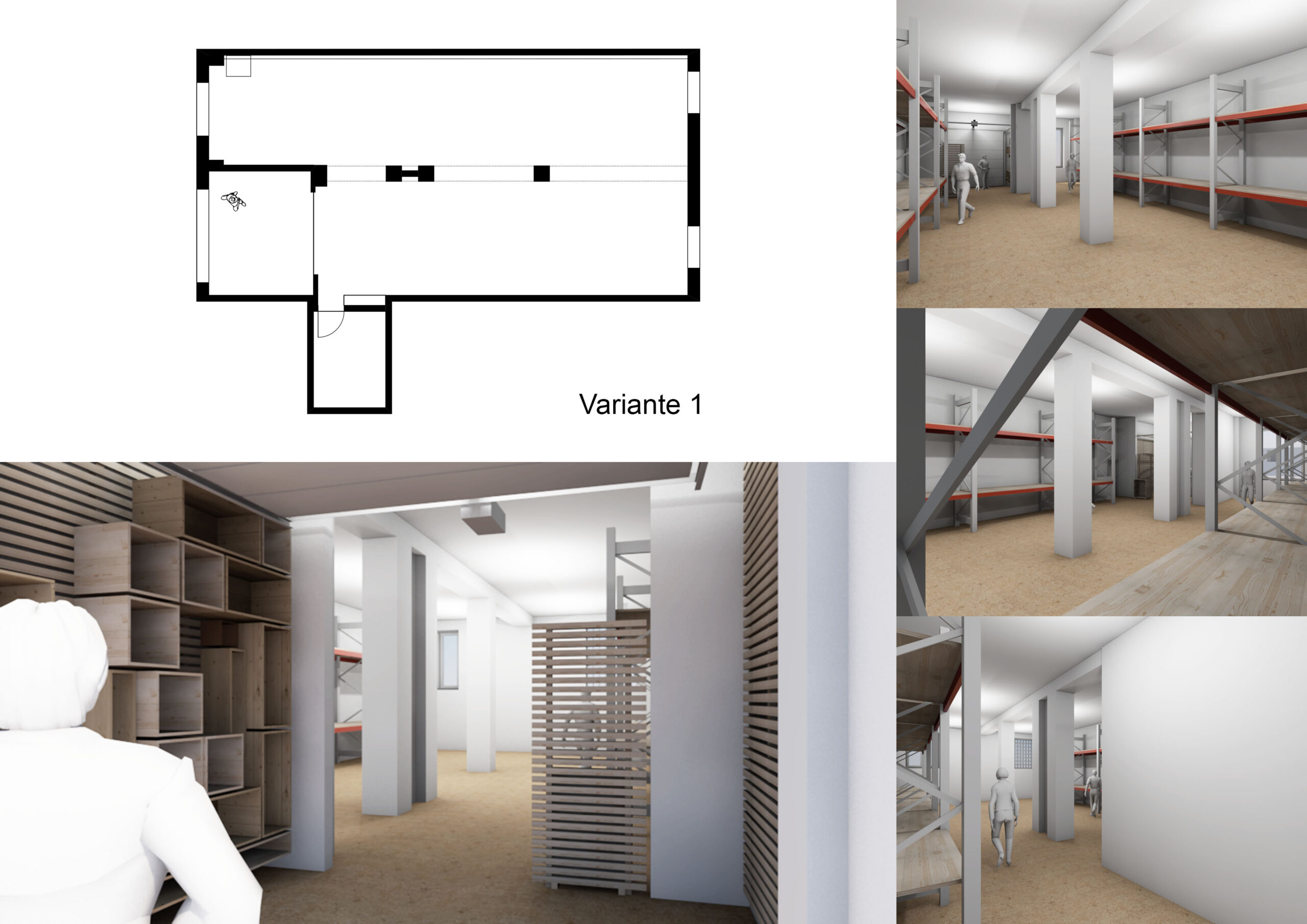 Grundriss und perspektivische Renderings eines Lagerraums mit Regalen und Säulen.