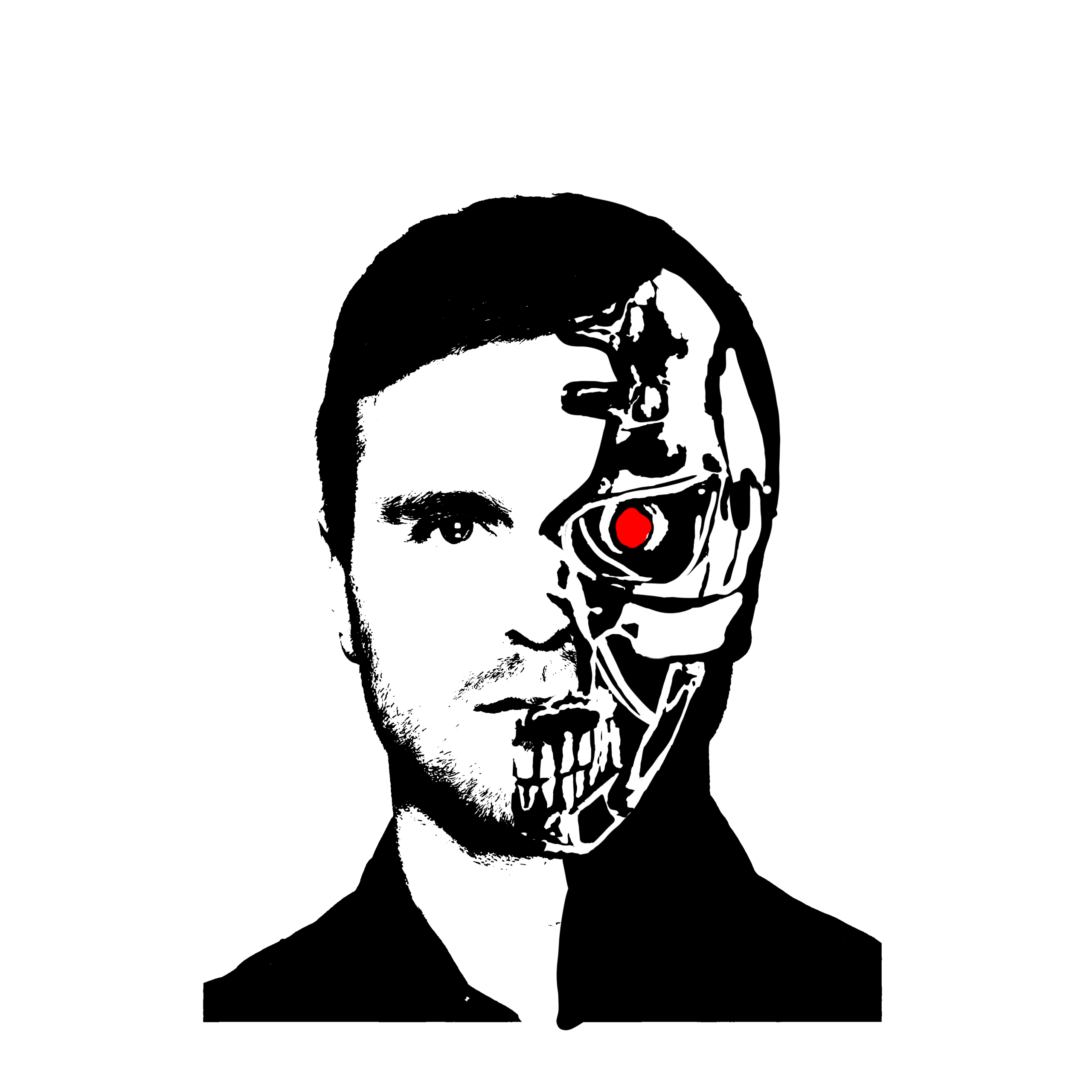 Stilisierte Schwarz-Weiß-Illustration eines Gesichts, rechts Roboter-Schädel mit rotem Auge sichtbar.