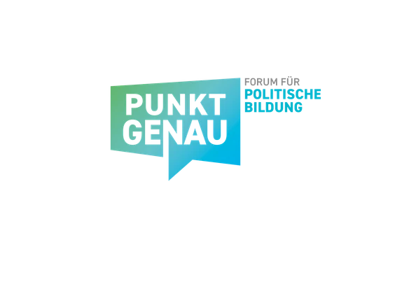Logo des Forums für politische Bildung Punkt Genau in Grün und Blau.