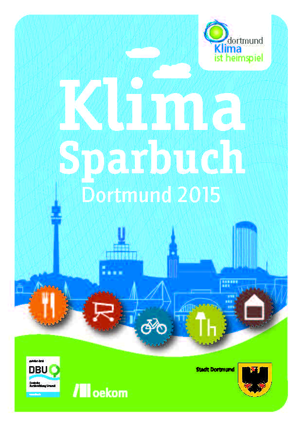 Titelseite des Klima-Sparbuchs Dortmund 2015 mit Stadtsilhouette und Symbolen.