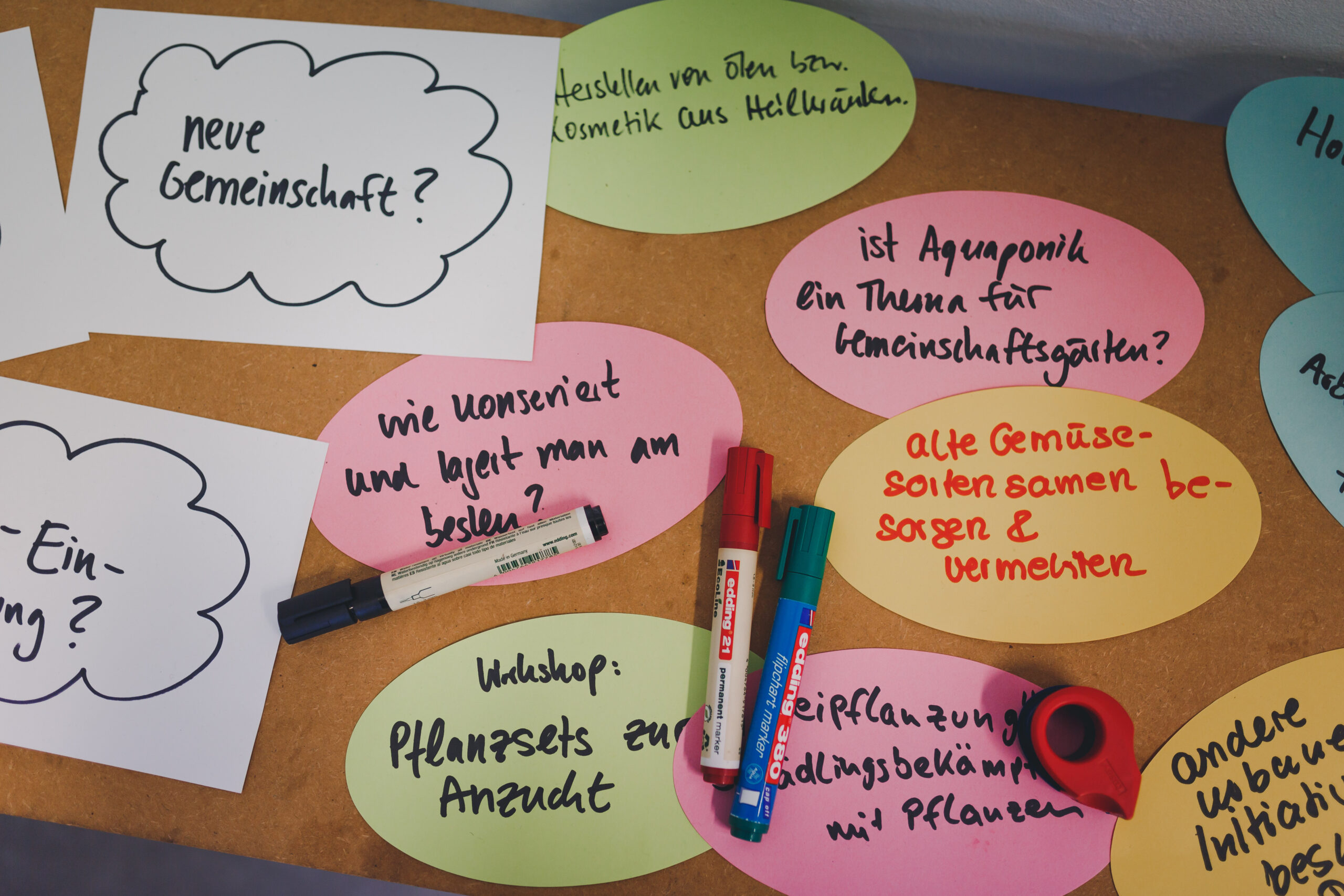 Handgeschriebene Sprechblasen mit Fragen und Ideen zur Stadtentwicklung auf Holzuntergrund.