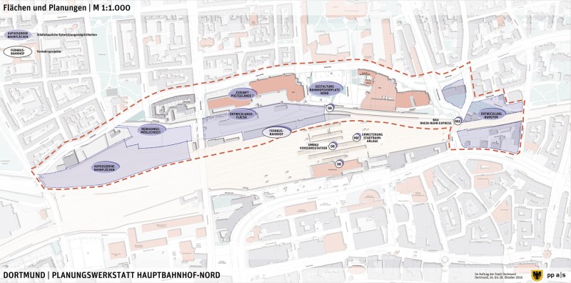 Planungskarte des Dortmunder Hauptbahnhofs Nord mit gekennzeichneten Gebäuden und Entwicklungsbereichen.
