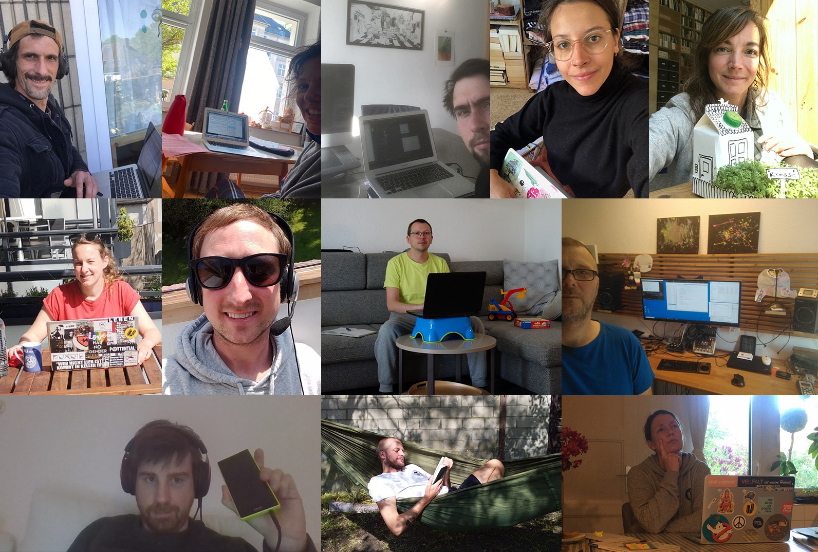 Kollage mit zwölf Porträts von Personen an verschiedenen Arbeitsplätzen, meist mit Laptops.