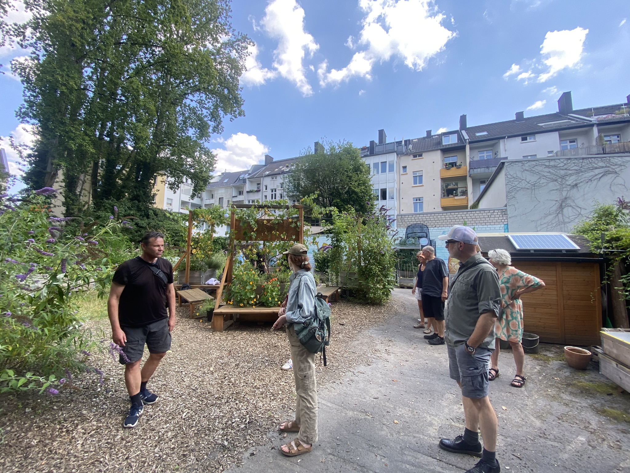 Gruppe von Menschen besucht Gemeinschaftsgarten mit Hochbeeten zwischen Wohnhäusern.