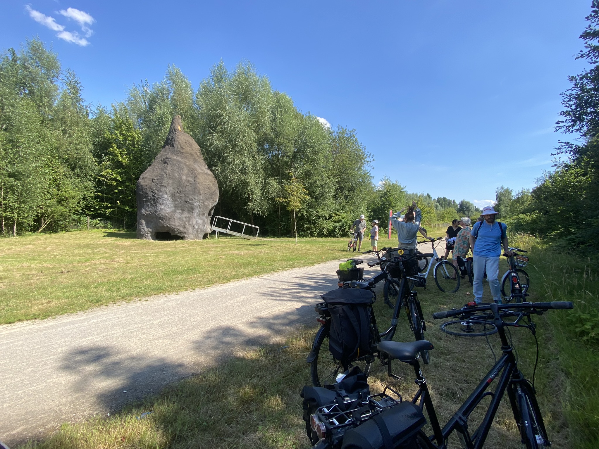 Gruppe von Radfahrern pausiert vor großem Stein in Parklandschaft mit Birkenwald.