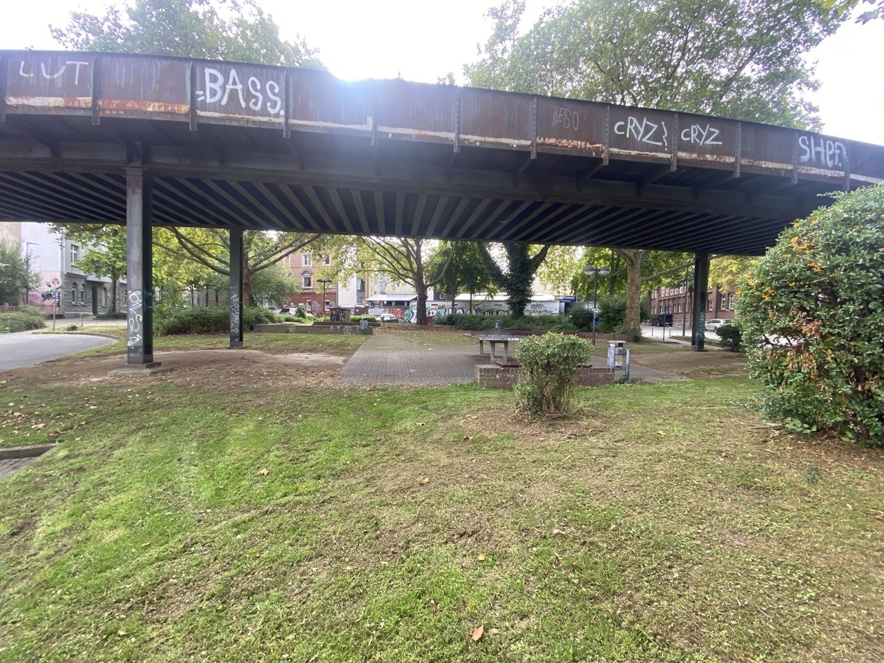 Stahlbrücke über Grünfläche mit Graffiti, Bäumen und Wohngebäuden im Hintergrund.