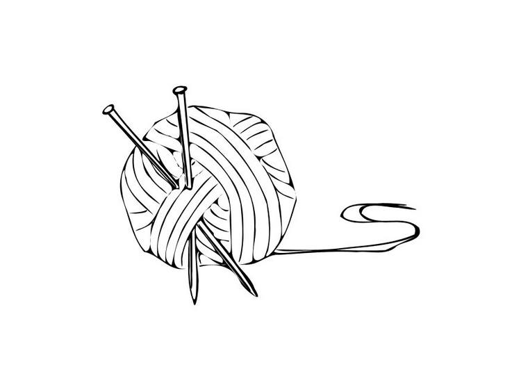 Wollknäuel mit zwei Stricknadeln und einem Fadenende, Strichzeichnung.