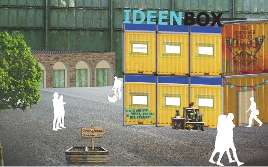Visualisierung eines Stadtplatzes mit gelben Containern, historischem Gebäude und silhouettierten Personen.