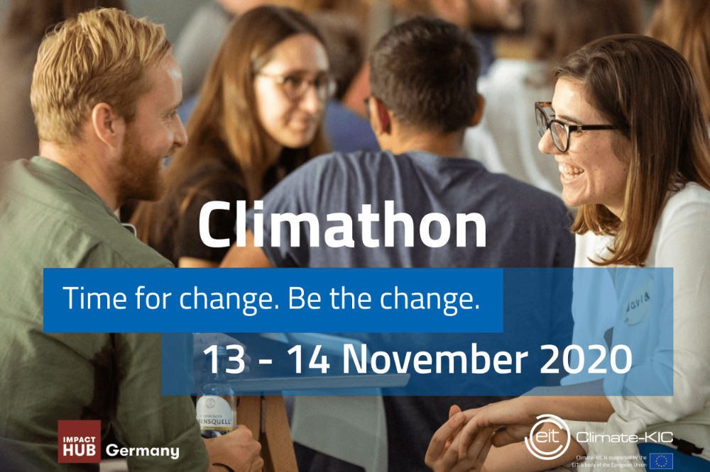 Vier Personen diskutieren bei einem Climathon-Event vom 13.-14. November 2020.