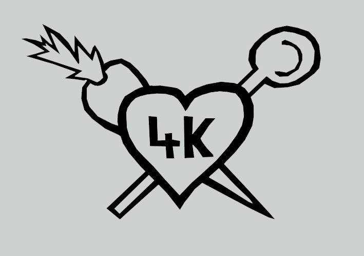 Stilisiertes Herz mit 4K beschriftet, durchbohrt von Pfeil, Blitz und Lasso.
