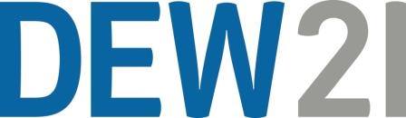 DEW 21 Logo: Blaue Großbuchstaben DEW und graue Ziffer 2 sowie 1.