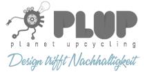 PLUP Planet Upcycling Logo mit Zahnrad und Schriftzug Design trifft Nachhaltigkeit.