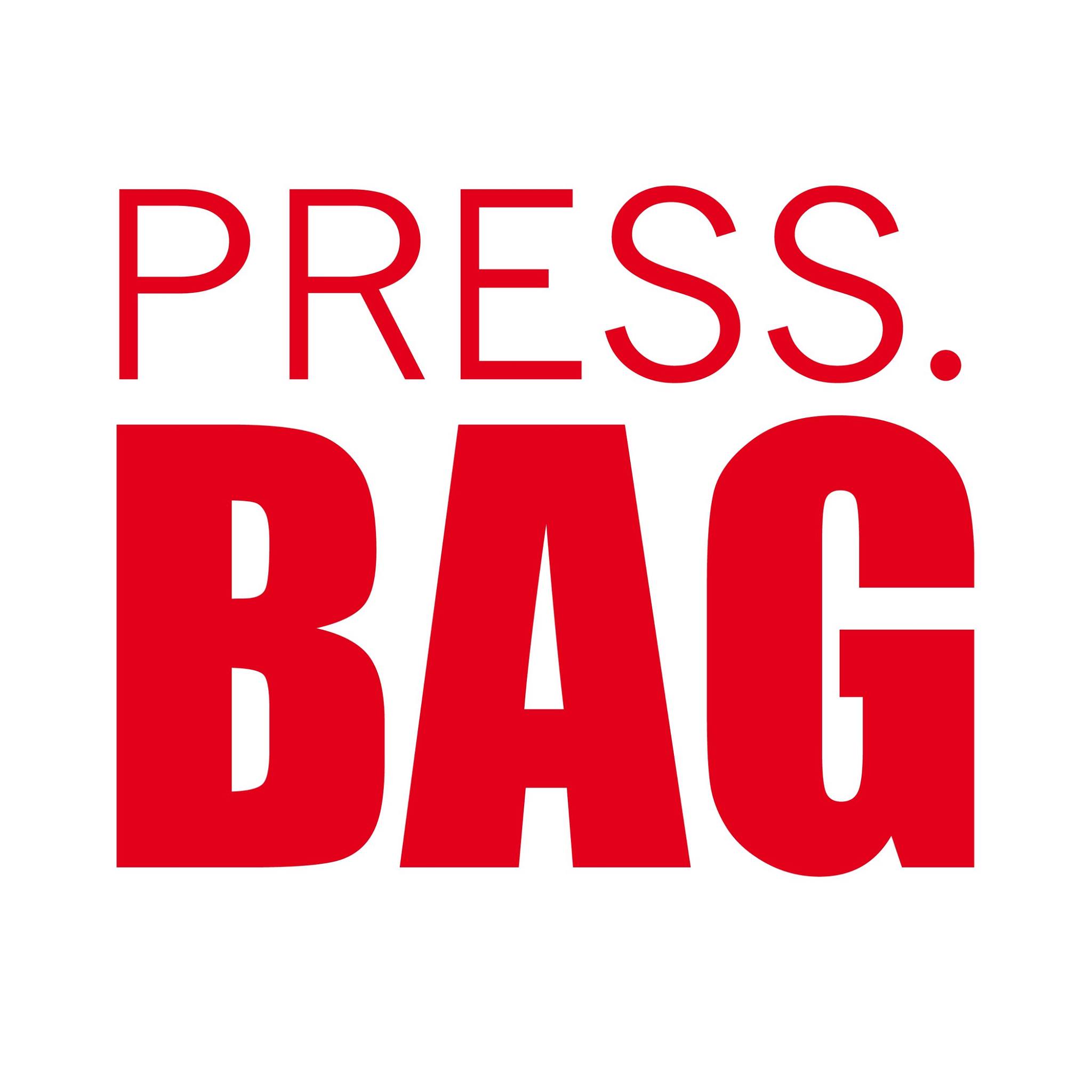Großes rotes Logo mit Text PRESS BAG auf weißem Hintergrund.