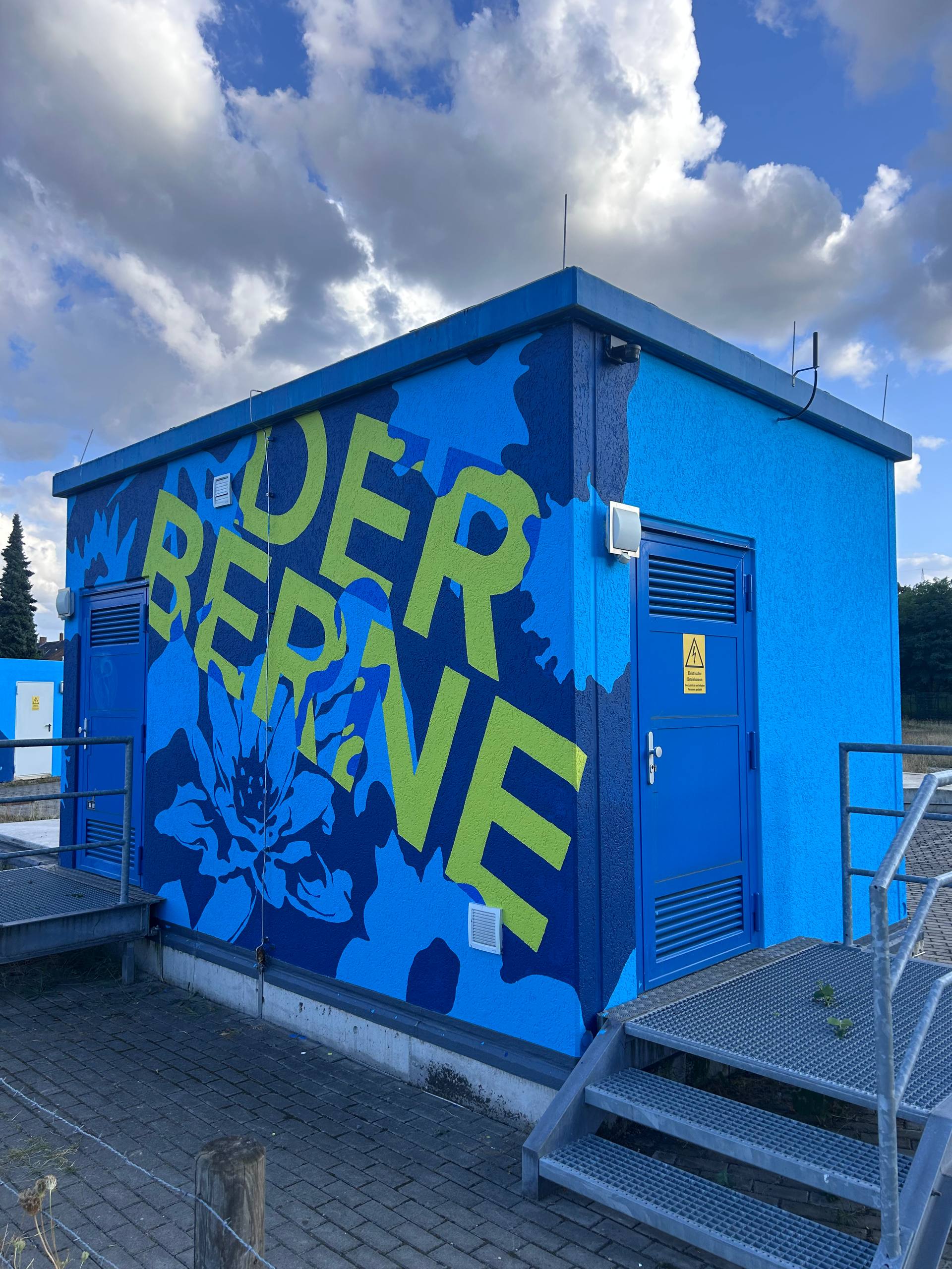 Blaues Gebäude mit grünem Graffiti Werbefläche und Blumenmotiv, Metalltreppe davor.