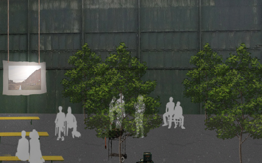 Fassade mit Efeu, weißen Silhouetten von Menschen und Sitzplätzen, gelbem Balken.