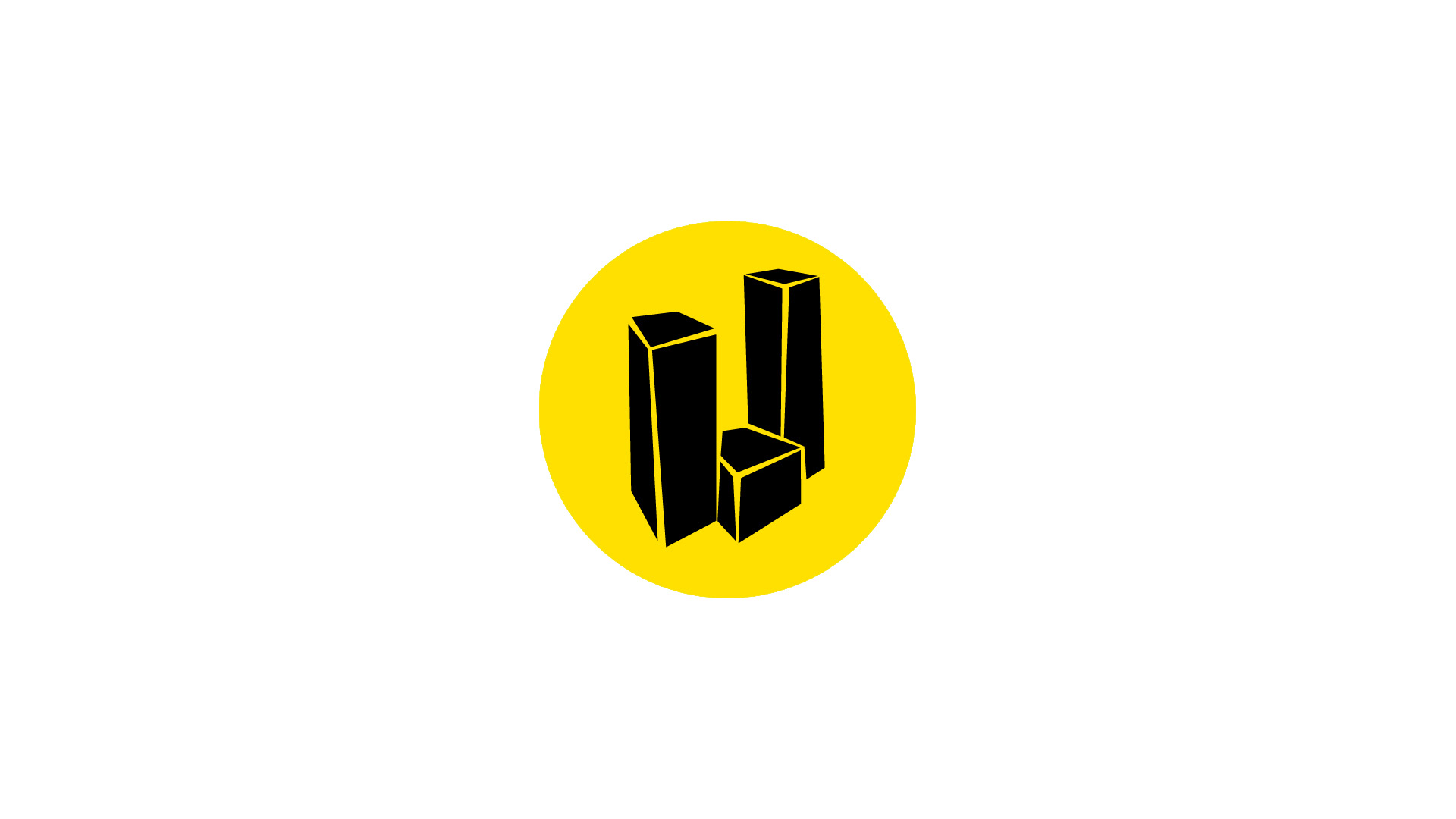 Gelber Kreis mit schwarzen isometrischen Gebäuden und Häusern symbolisiert Stadtentwicklung.