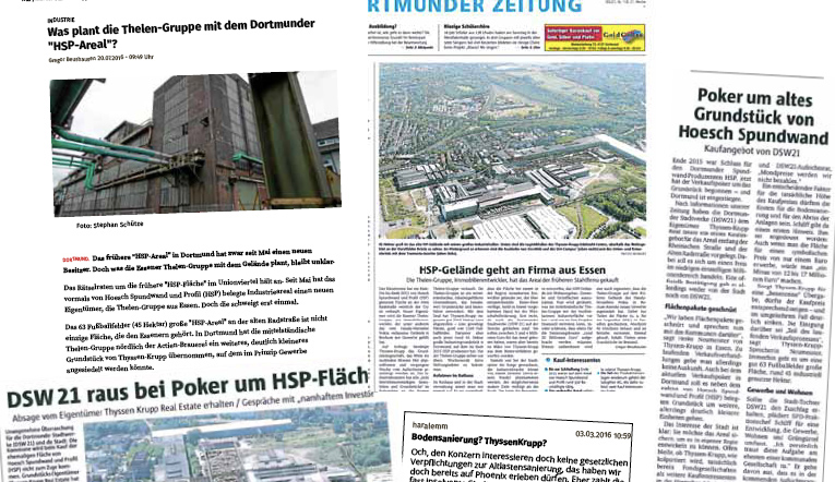 Zeitungsausschnitte zur Stadtentwicklung und Industrieflächennutzung in Dortmund mit Luftbildaufnahmen.